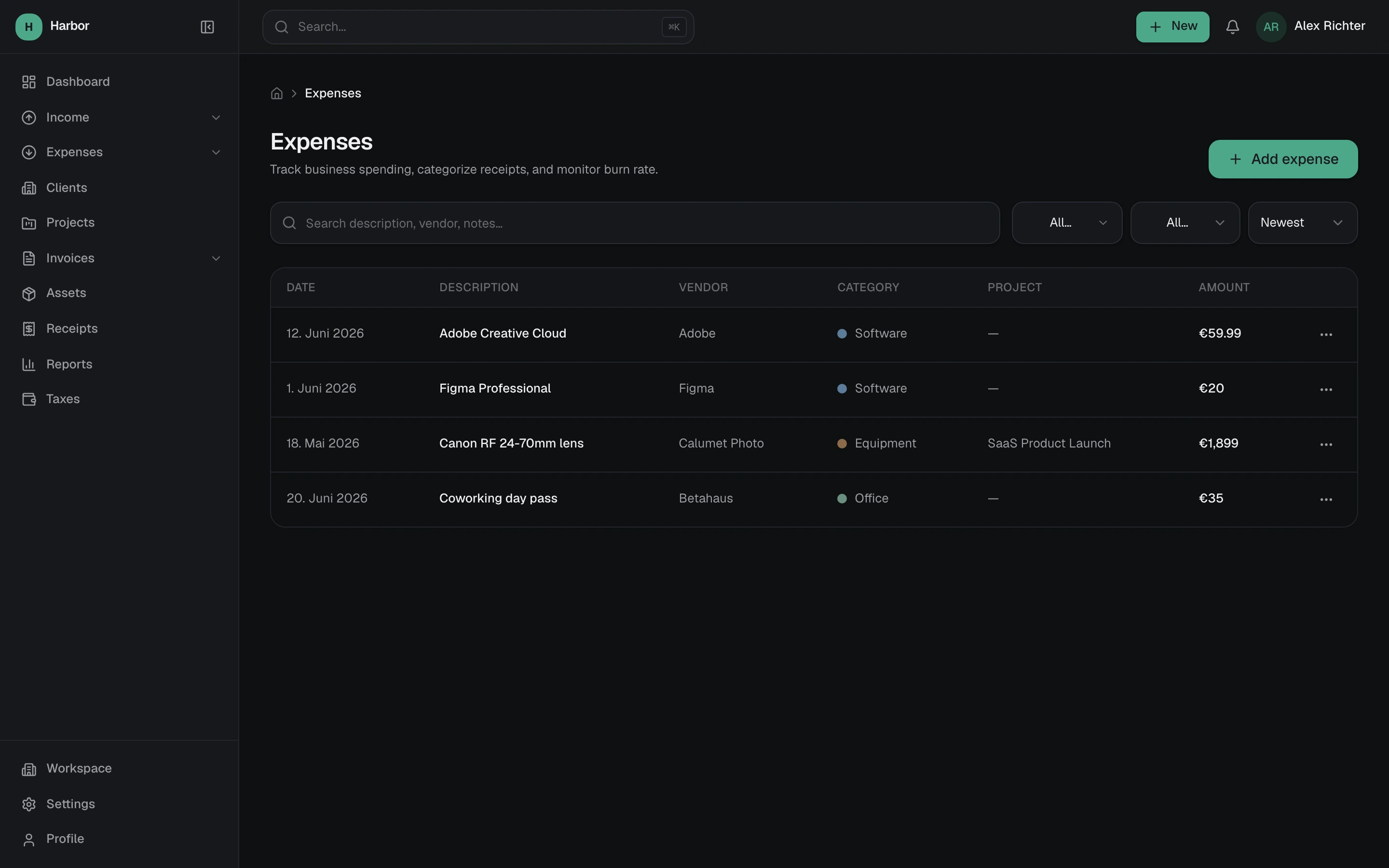 Expense tracking — linked with receipts and assets
